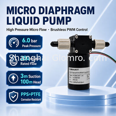 BAXIT PL8060-NF1.10 브러시리스 다이어프램 펌프 12V/24V PWM 속도 제어 PTFE 산/알칼리 내성 고압 6 Bar 펌프